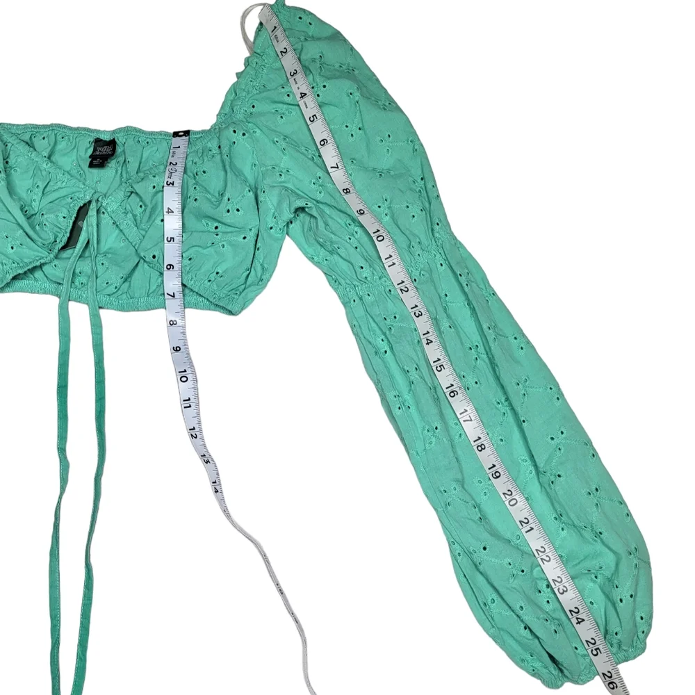 NEW Wild Fable Medium Crop Top Long Sleeve Cotton Teal Green Eyelets